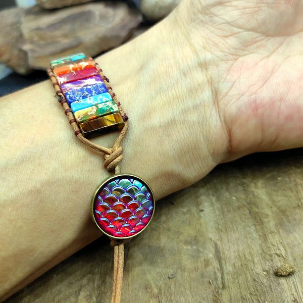 

dragon scales chakra bracelet handmade natural stone tube beads leather wrap bracelet couples bracelets creative gifts dropship, Golden;silver