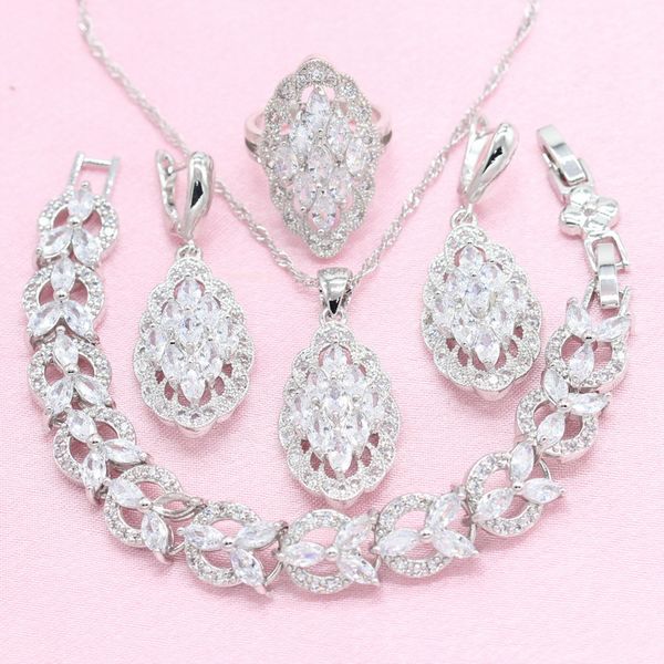 

white marquise stone 925 silver bridal jewelry sets for women earrings bracelet pendant necklace ring gift box, Slivery;golden