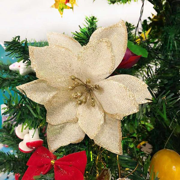 10x Glitter Artificial Poinsettia Flowers Christmas Tree Ornaments Home Decor TH