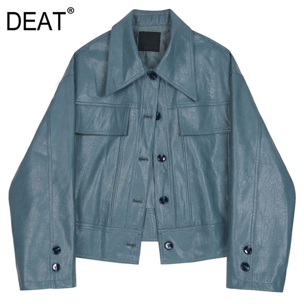 

deat] 2019 new spring summer lapel long sleeve blue pu leather pocket loose big size jacket women coat fashion tide jr66, Black;brown