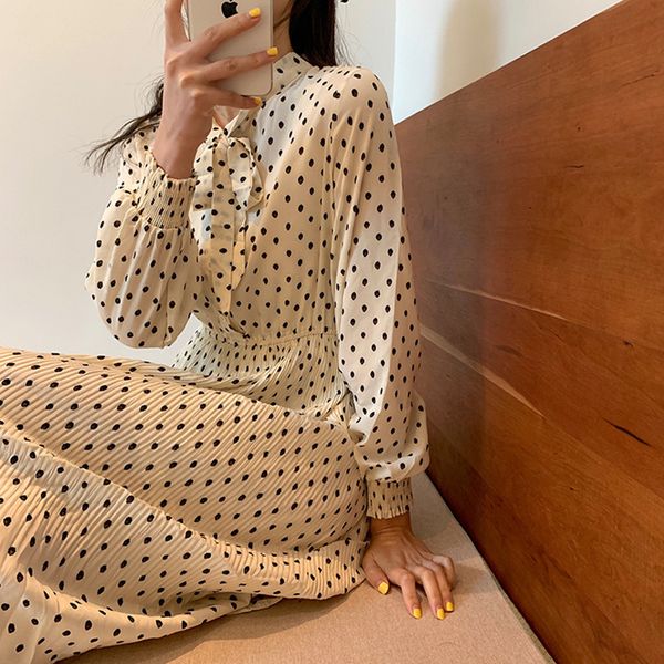 

2020 spring autumn korean style dolka pot long sleeve chiffon pleated dresses womens bowtie elastic waist dress womens (f3641, Black;gray