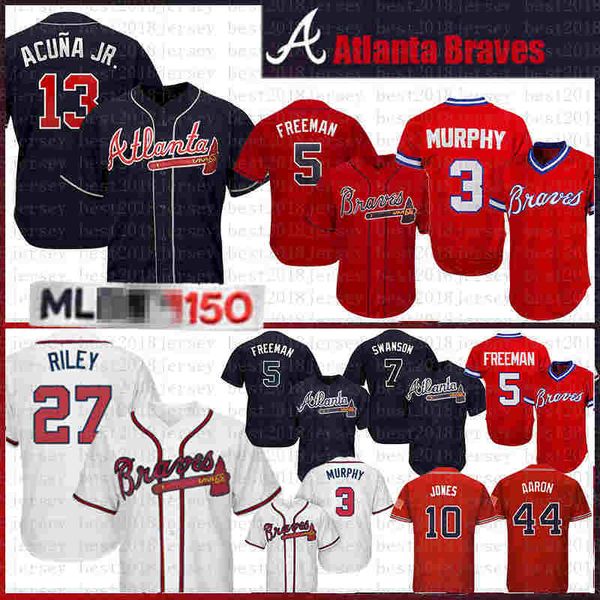 

13 ronald acuÃ±a jr. 27 austin riley baseball jersey 44 hank aaron 10 chipper jones 5 freddie an 3 dale murphy 7 dansby swanson mens, Blue;black