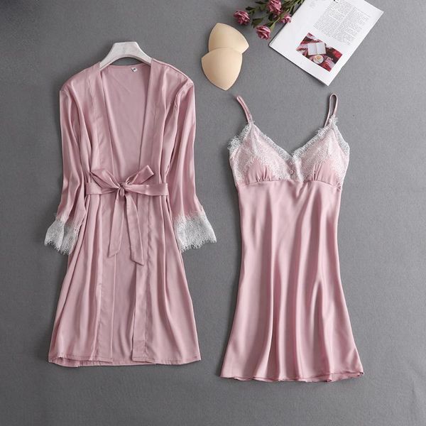 

pajamas women spring summer sling nightgown two-piece thin section with chest pad silk leisure can be worn outside, Blue;gray
