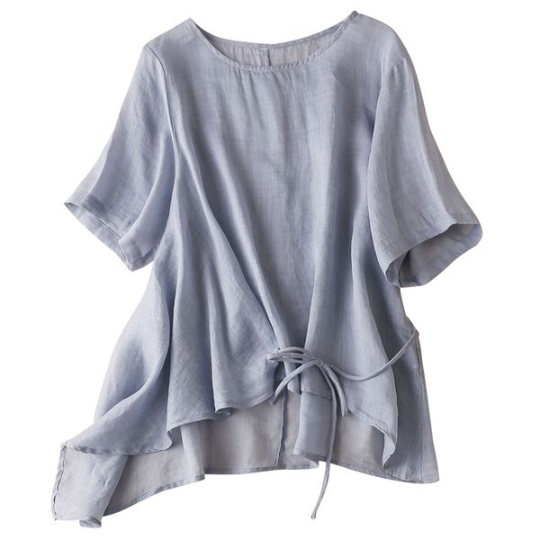 

asymmetry thin blusas de mujer largos sueltos ramie solid o-neck casual shirt for woman blouses summer, White