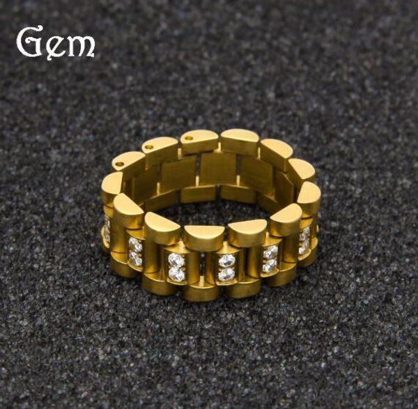 

fashion design stainless steel 24k gold plated ice out diamond cut ring mens watchband president style band ring men bling crystal jewelry, Silver