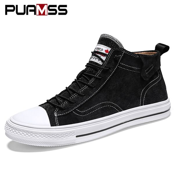 

new fashion autumn and winter men's leather casual shoes fashion breathable sneakers lace up flats shoes high male boots, Black
