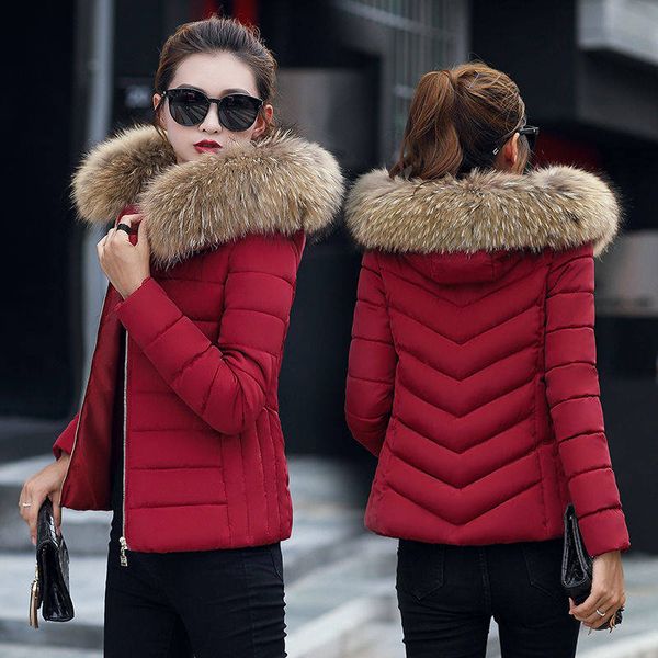 

2019 new winter women cotton padded hooded jacket short warm coat slim casual women parkas detachable fur collar outwear, Black