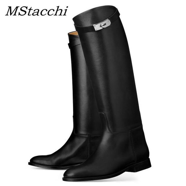 

mstacchi designer genuine leather long boots woman motorcycle booties belt strap metal shark lock flat heel knee high boots cj191212, Black