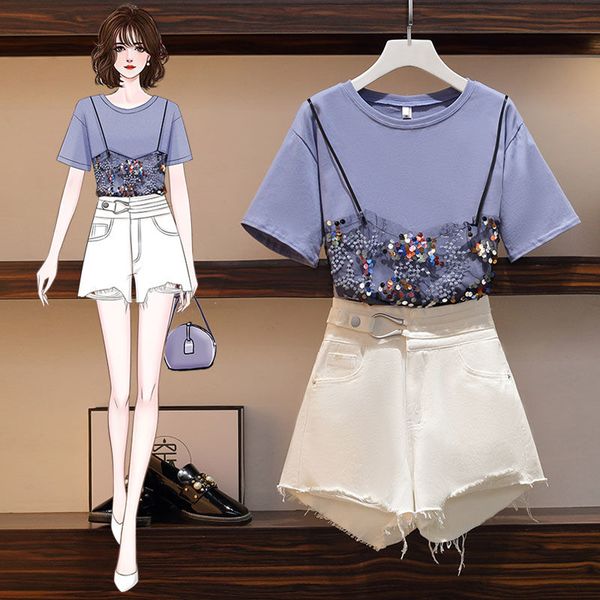 

2020 new summer women fashion sequined short sleeved patchwork t shirt + high waist jeans shorts two pieces set z20, White