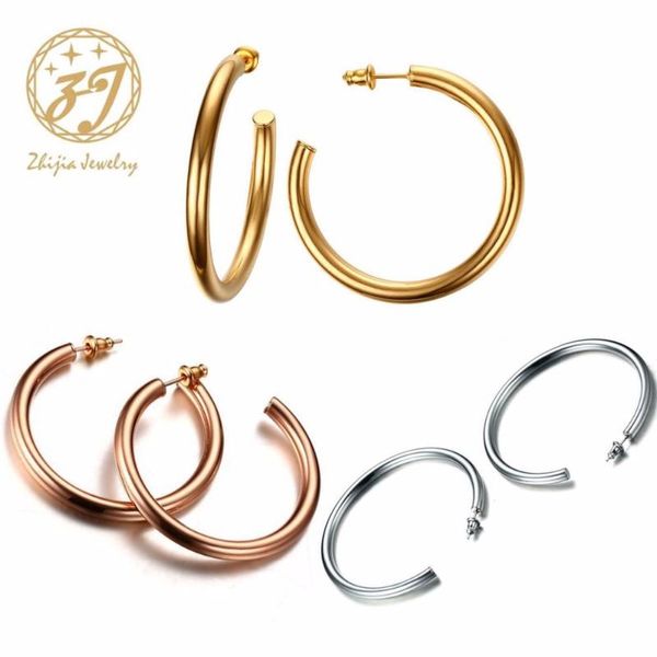 

zhijia big hoop earrings solid gold /sliver/rose gold color eternity earings stainless steel circle earrings for women jewelry, Golden;silver