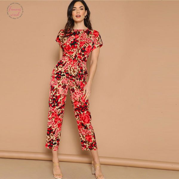 

lady highstreet rolled up sleeve knot front leopard print jumpsuit women summer high waist casual tapered jumpsuit, Black;white
