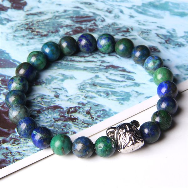 

men bracelets natural phoenix lapis lazuli bracelet polished stone beads bangle silver color puppy dog pet charm pulsera jewelry, Black