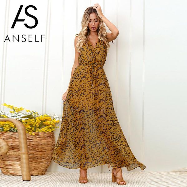 

2019 summer boho dresses women maxi dress leaves print plunge v neck sleeveless slim beach holiday long dress clubwear yellow, Black;gray