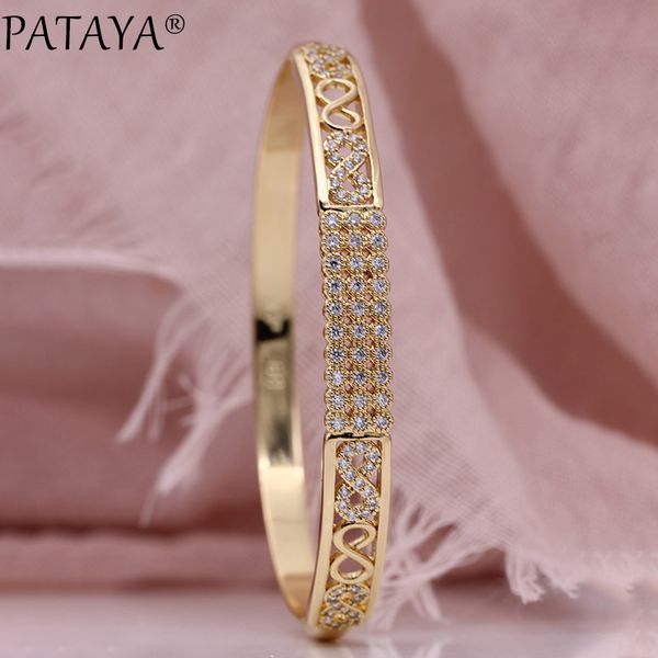

pataya new fine bangles 585 rose gold white natural zircon hollow bangle women micro-wax inlay wedding luxury fashion jewelry, Black