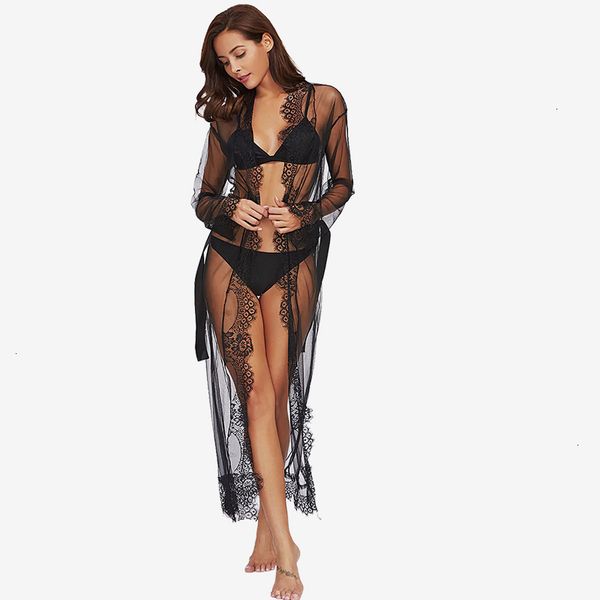 

нижнее и ночное белье plus size plus размер lingerie ресницы уравновешивания шнурка сетки robe с черным длинным рукавом голеностопного длина, Black;red