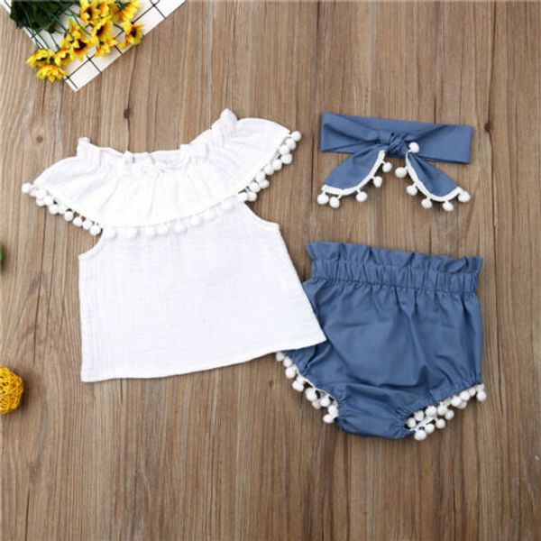 

2019 summer newborn baby girls floral lace up off shoulder + shorts tassel ball briefs outfits 0-2t, White