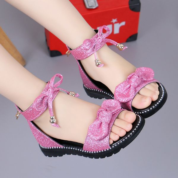 

girls shoes flat heel sandals kids girls spring summer little kids shoes princess dress bow fashion teenage a857, Black;red