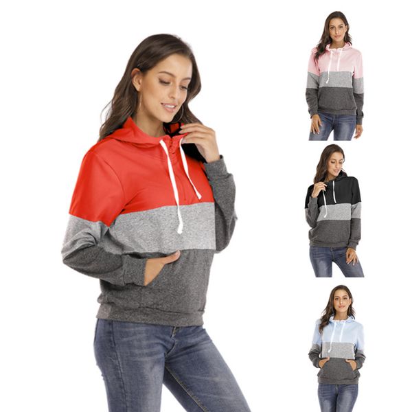 

women's 2019 autumn winter new plus size patchwork hoodies sweatshirts zipper casual hooed sweater, Black