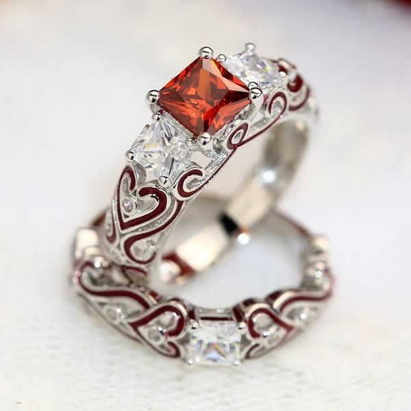 

jewelry square drill red crystal engagement ring red glue set ring, Silver