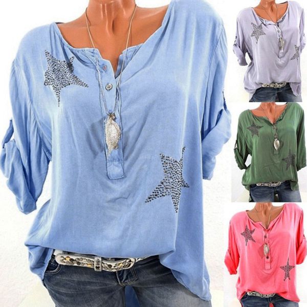 

womail women summer fashion casual button five-pointed star drill plus size print loose women t-shirt 2019 dropship f1, White
