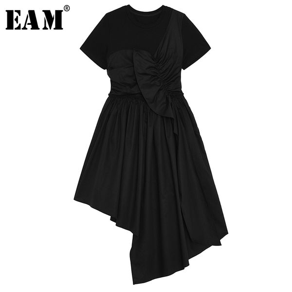 

eam] women black pleated irregular temperament dress new round neck short sleeve loose fit fashion spring summer 2020 1w130, Black;gray