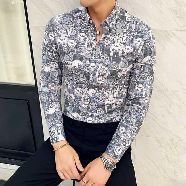 

2020 fashion paint print slim fit shirts mens luxury graffiti long sleeve casual dress shirts top, White;black