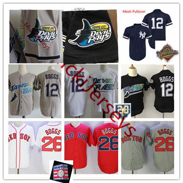 

Mens 1998 Black white grey #12 Wade Boggs Jersey stitched #26 Wade Boggs Jersey S-3XL