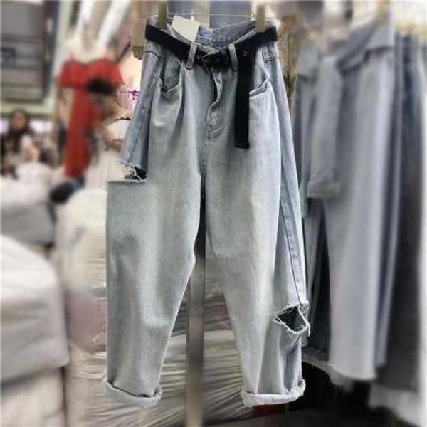 

loose vintage woman jeans 2020 autumn bleached casual boyfriend hole denim wide leg pants oversize high waist woman jean, Blue