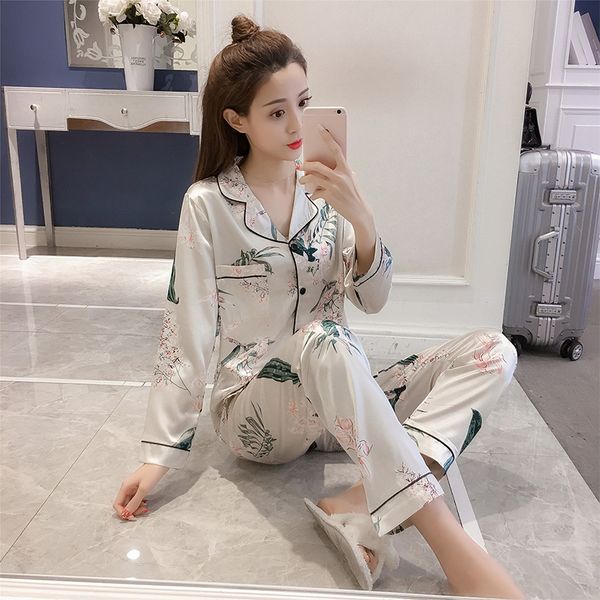 

bzel long sleeve pajama sets floral sleepwear satin pijama mujer underwear turn-down collar pyjamas big yard -5xl at all season, Blue;gray