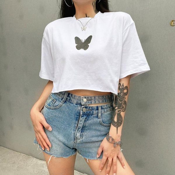 

summer butterfly print basic t shirt loose casual harajuku tshirt women kawaii tee korean cute t-shirt clothing#0505g30, White