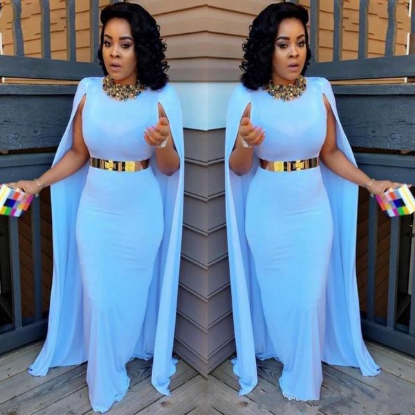 

light blue plus size cape style evening dresses sheath floor length evening gowns aso ebi south african formal party vestidos de festa, Black;red