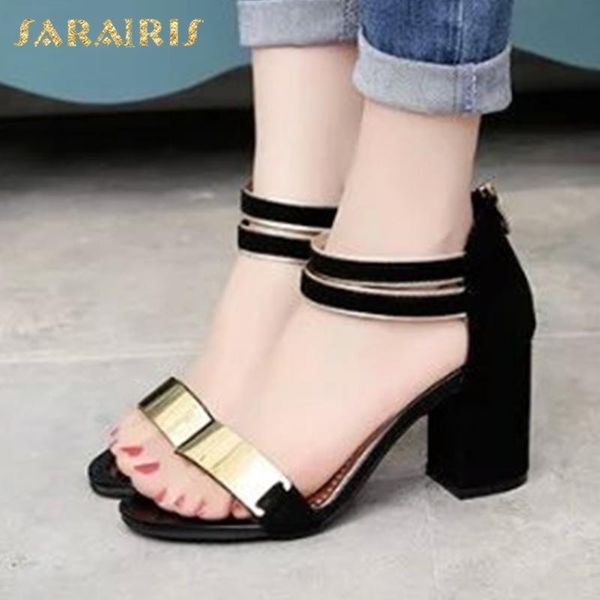 

sarairis new arrivals 2020 wholesale square heels summer sandals woman shoes zip up metal decoration casual shoes women, Black