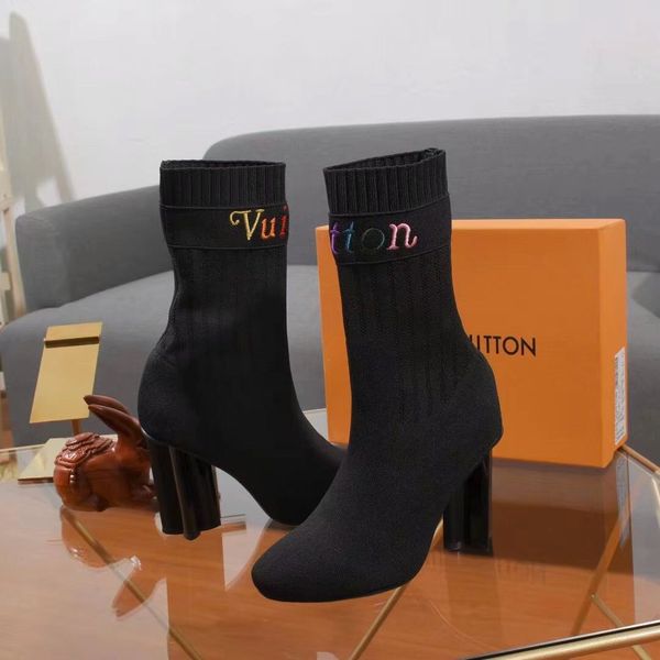 

women's new short boots with color knitting letters in the tube with  cm plum high-heeled snow boots fashion casual shoes, Black