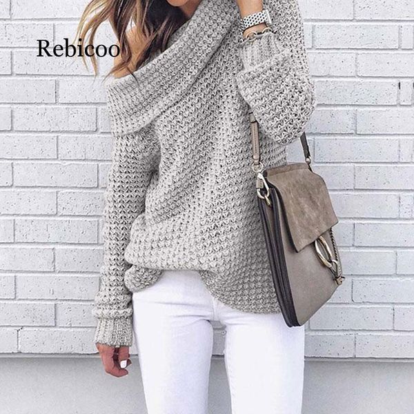 

2019 autumn and winter new women's solid color personality high collar strapless two wearing knit sweater, White;black