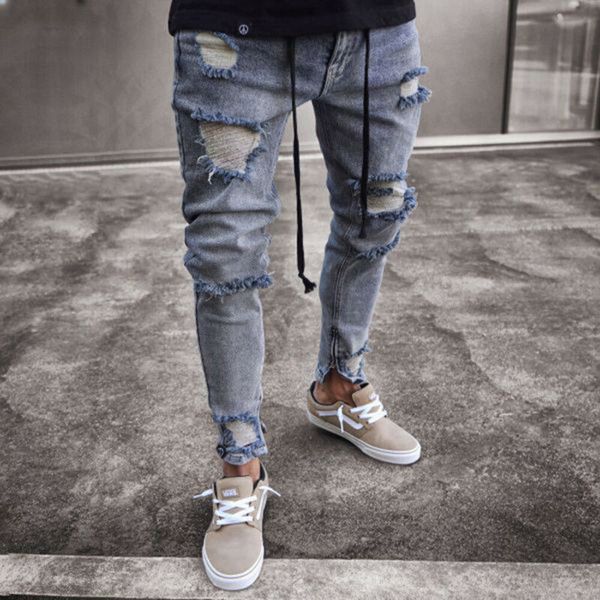 

fashion men jeans trousers man ripped biker jeans frayed pants casual slim fit jogger denim trousers, Blue