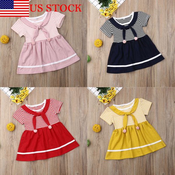 

us fashion kid baby girl clothes navy tie stripe party dress tutu dress ruffle sundress 0-3y, Red;yellow