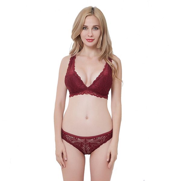 

цветочные кружева глубокий v погружение треугольник беспроводной vest top бюстгальтер и трусики комплект лейси белье ультратонкий lingerie ж, Red;black