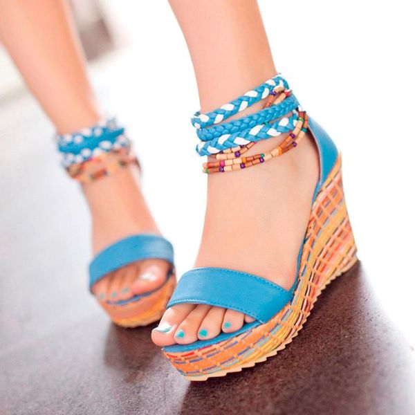 

bohemia style sandals for women summer beach casual shoes female high heel wedges sandal buckle thick bottom ethnic sandalias t02, Black