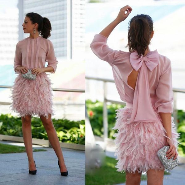 

Charming Pink Short Cocktail Dresses Long Sleeves Open Back With Bow Evening Gowns Party Dresses For Homecoming Graduation Dresses