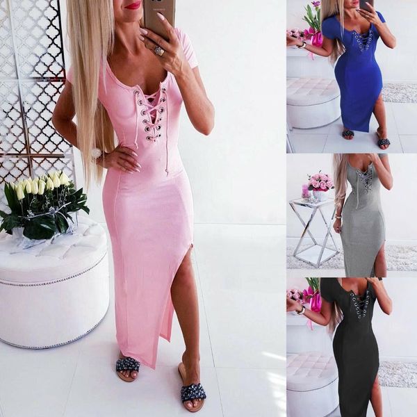 

summer womens 2019 new short sleeve boho pure color party casual bodycon split dress long dresses female vestidos, Black;gray