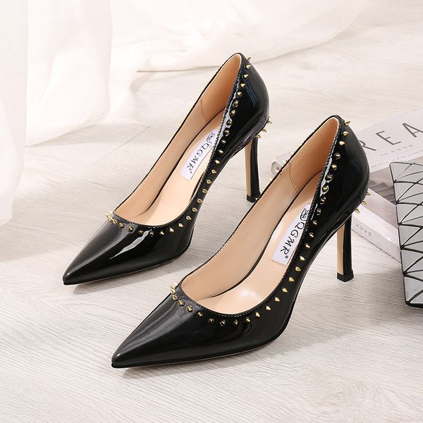 

black patent shoe gold lace up heels 2019 slip om fine heeled shoes sandals ladies all-match rivets pointed pumps leather