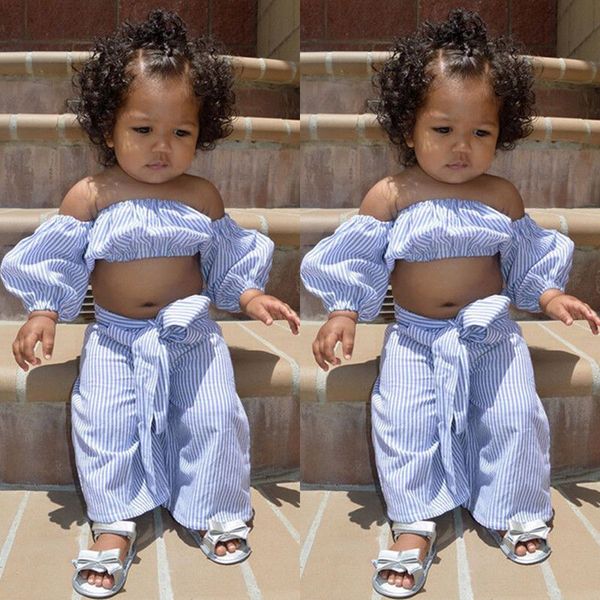 

baby kid girls off-shoulder t-shirt loose stripe bowknot pants outfits, White