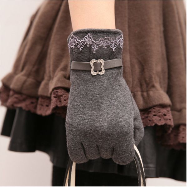 

womens outdoor cashmere gloves autumn winter female warm inverted mitten cotton wrist screen glove solid woman lace wool glove, Blue;gray