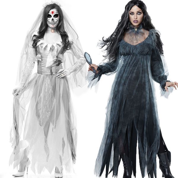 

2018 ghost white black bride halloween costumes for women dress with veil neck ring halloween scare costumes for clubwear, Black;red
