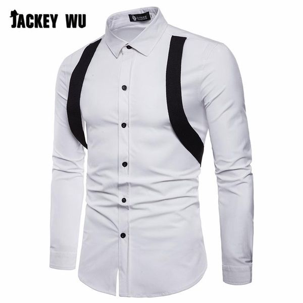 

jackeywu casual shirts men 2019 fashion korean trend personality long sleeve dress shirt breathable slim black men's clothing, White;black