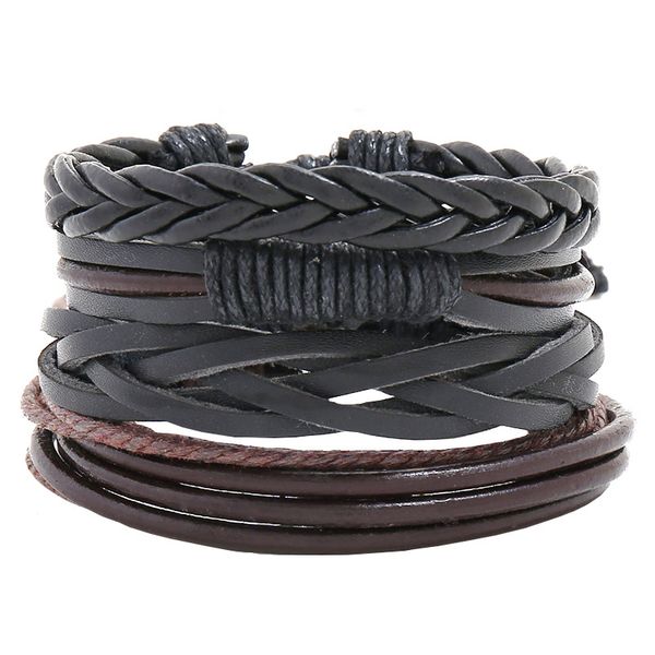

classic bracelet set for man woman multilayer black rope leather braided adjustable wristband jewelry gift wholesale 4pcs/set, Golden;silver