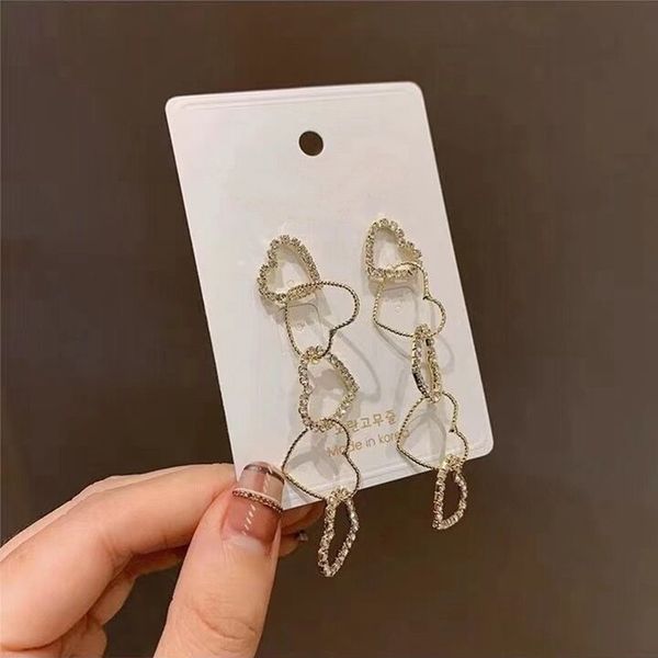 

mengjiqiao new korean rhinestone heart long drop earrings for women girls shiny crystal holiday pendientes mujer moda jewelry, Silver