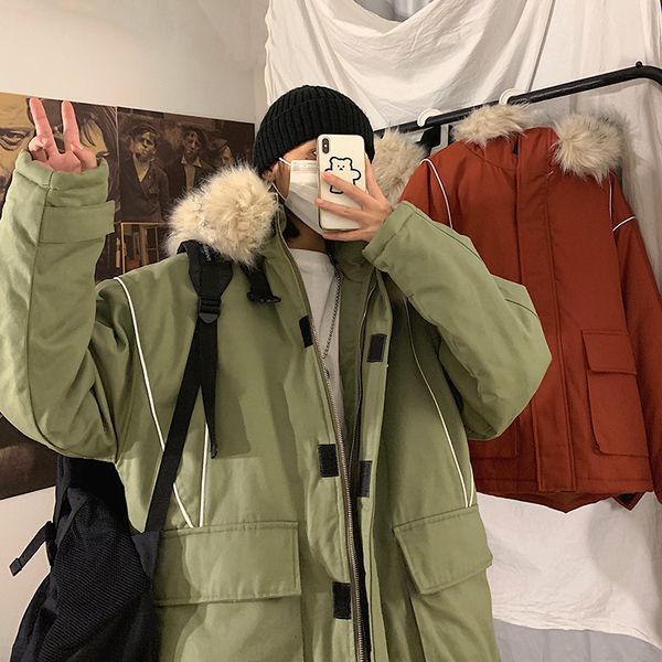 

winter padded jacket men's warm fashion parka men solid color casual hooded hooded coat man wild loose cotton jacket male, Black