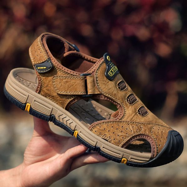 

sandals men's genuine leather men beach roman outdoor shoes breathable handmade sneakers summer, Black