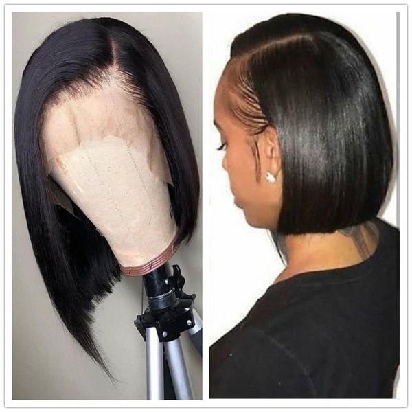 

13x6 lace front human hair short bob wigs blunt cut preplucked black straight front lace wig for women bleached knots